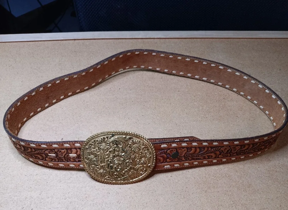 El Arturo Bronze Crumrine Buckle with Hand-Tooled Leather Belt
